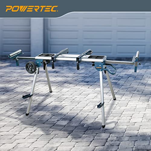 POWERTEC Portable Miter Saw Stand w/ 330Lbs Load Capacity, 8" Wheels and 3-Prong Tripple Outlets, Folding Design for Easy Storage in Garage, Dust Collector Bag Included - Blue (MT4000B)