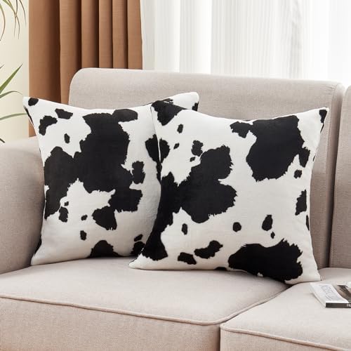 SOCHOW Decorative Throw Pillow Covers 18x18 Inches Set of 2, Soft Cow Print Flannel Fleece Pillowcase Square Cushion Covers for Sofa Couch Bed, Black/White