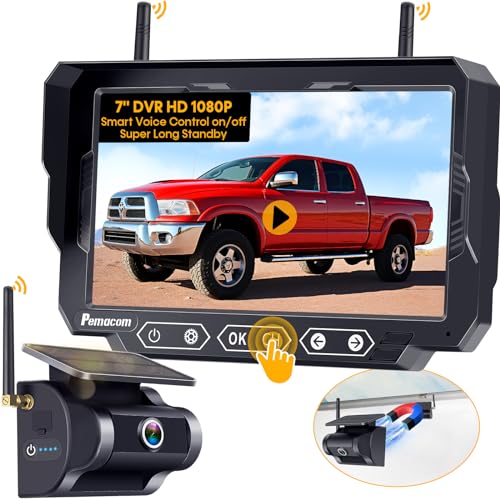 Magnetic Solar Wireless Backup Camera: 7" DVR Portable 1 Min Easy Install Scratch-Proof No Delay Truck Trailer Hitch Rear View Camera Rechargeable HD 1080P for Small RV Camper Pemacom P15