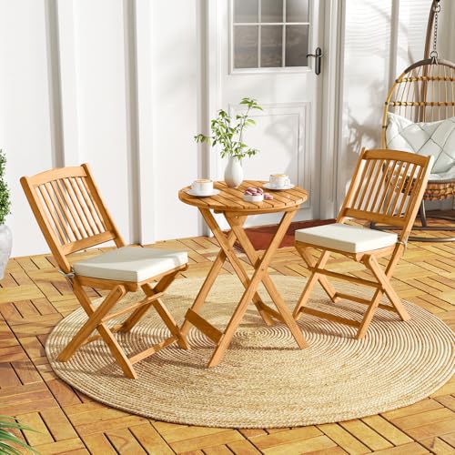 Tangkula 3 Pieces Acacia Wood Patio Folding Bistro Set, Outdoor Table and Chairs Set with Soft Cushions, Patio Furniture Set for Porch, Balcony, Garden, Deck and Backyard