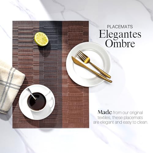 LEXMORE PVC Woven Placemats 4 PCS Wipeable Indoor/Outdoor Table Mats Washable Vinyl Place Mats for Dining Table, Set of 4-Ombre Brown Black