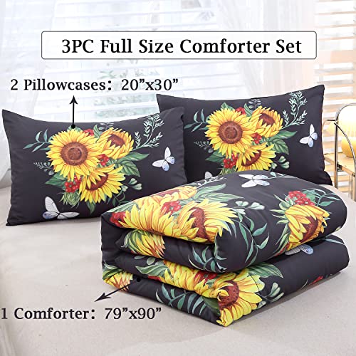 ZRNBAST Aqua Blue Sunflower Comforter Set Twin-3 Piece Butterfly Yellow Floral Bedding Sets-All Season Warmth Ultra Soft Farmhouse Bedding Comforter Sets Twin Size (Twin, Aqua Blue)