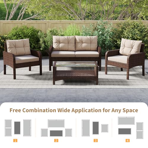 LHBcraft 4 Piece Patio Furniture Set Small Outdoor Furniture, Patio Conversation Sets Rattan Wicker Sofa Set with Cushions & Coffee Table, Tempered Glass Table Top and Storage Shelf, Brown