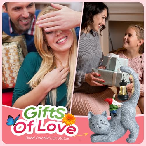 Snowrabbit Cat Statue Garden Decor with LED Lantern, Solar Cat Figurine for Outside -11" Tall Resin Kitten Yard Art Gifts for Mom,Birthday Gift for Women,Cat Statues for Garden,Patio,Yard Decoration