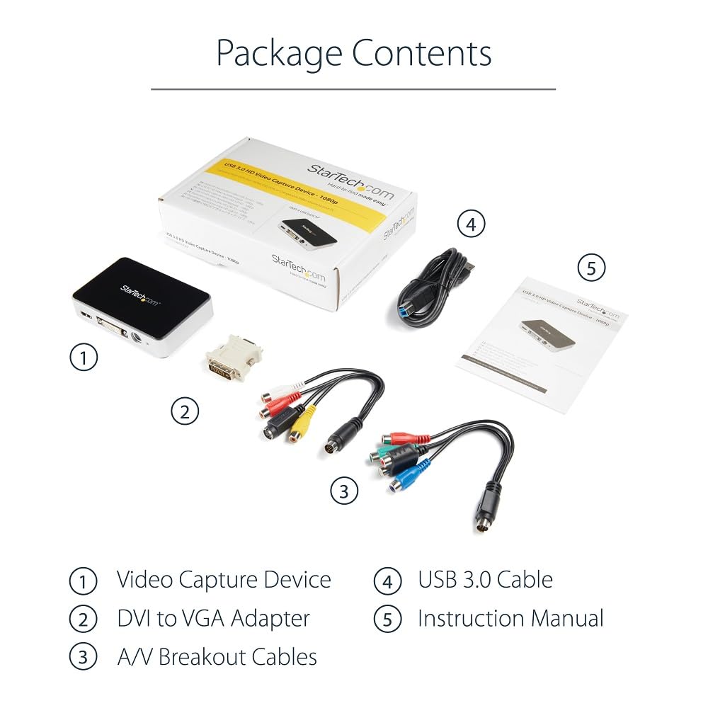 StarTech.com HDMI Video Capture Device - 1080p - 60fps Capture Card - USB Video Recorder - with HDMI DVI VGA, TAA (USB3HDCAP)