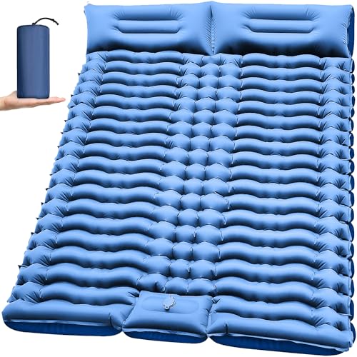 Double Sleeping Pad for Camping- Self Inflating 4" Extra-Thick with Pillow Built-in Foot Pump Inflatable Sleeping Mat for Backpacking, Hiking, Traveling, Tent