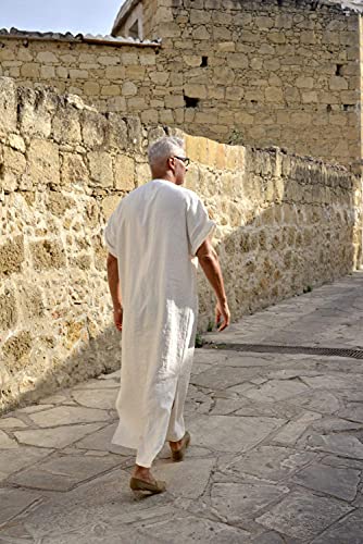 COOFANDY Men's V-Neck Linen Robe Short Sleeve Kaftan Thobe Long Gown Casual Shirt for Beach, Summer (Navy Blue, Large)