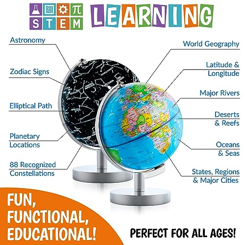 USA Toyz Illuminated Globe for Kids Learning- Globes of the World with Stand 3-in-1 STEM Kids Globe, Constellation Night Light Desk World Globe Lamp Built-in LED Light, Non-Tip Metal Base, 9.75” Tall