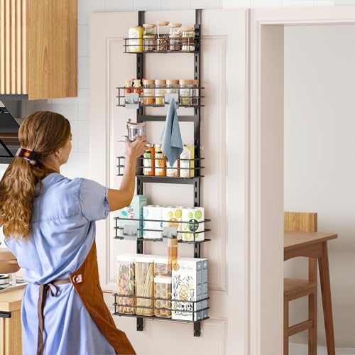 ODesign Height-Adjustable Baskets 5-Tier Over the Door Pantry Organizer,Narrow Pantry Door Organizers and Storage-Spice Rack Wall Mount-Door Organizer Metal Hanging,Home & Kitchen Essentials-Black