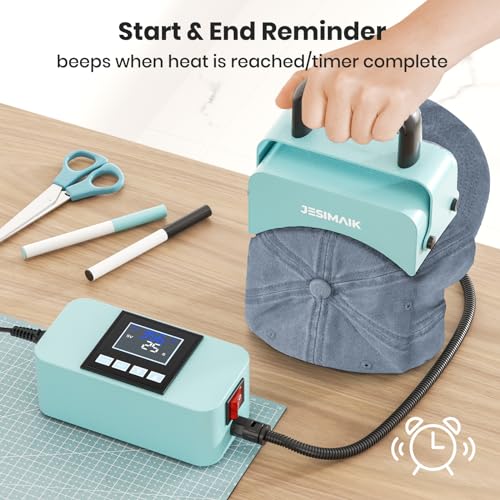 JESIMAIK Hat Press, Heat Press Machine for Caps & Patches, Heat Resistant Glove&Pad Included, Metal Body, Curved Heating Plate, No Crease, Temperature&Timer Control, Mini Easy Hat Press - Lake Blue