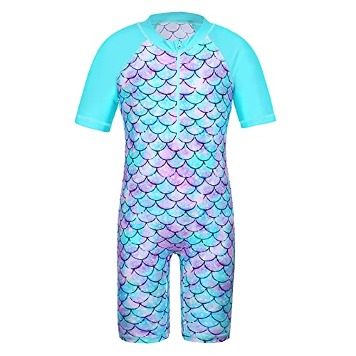 TFJH E 2-Piece Short Sleeve Girls Swimsuits Rashguash Bathing Suits UV 50+ Swimwear + Hairband Cyan Scale Short 2A