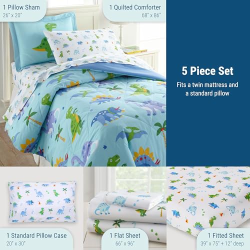 Wildkin 5-Piece Twin Bedding Set – 100% Cotton Comforter, Sheets & Pillowcase for Cozy Cuddles - Dinosaur Land