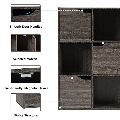 Giantex 9-Cube Storage Organizer, Storage Cabinet with 4 Open Cubes and 5 Cabinets, Freestanding Wooden Cubby Bookcase, Compartment Units for Home Office, 3-Tier Bookshelf for Books