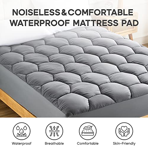 SONIVE Waterproof Mattress Pad Dorm Bedding, Waterproof Fluffy Soft Breathable Noiseless Quilted Fitted Mattress Protector, Down Alternative Filling Topper Deep Pocket up to 21'' (Grey, Twin)