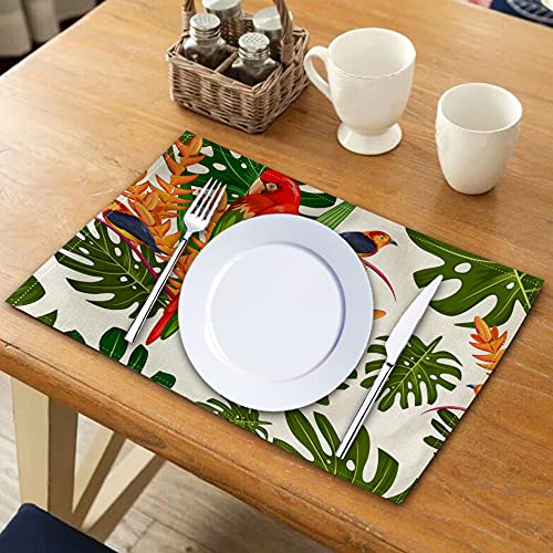 Tropical Leaves Table Mats Set of 4 Parrot &Red Flower &Monstera Palm Patter Placemats Waterproof Heat Resistant Washable Non-Slip Place Mats for Dinner Room Kitchen Decor Table 12”×16” (Red)