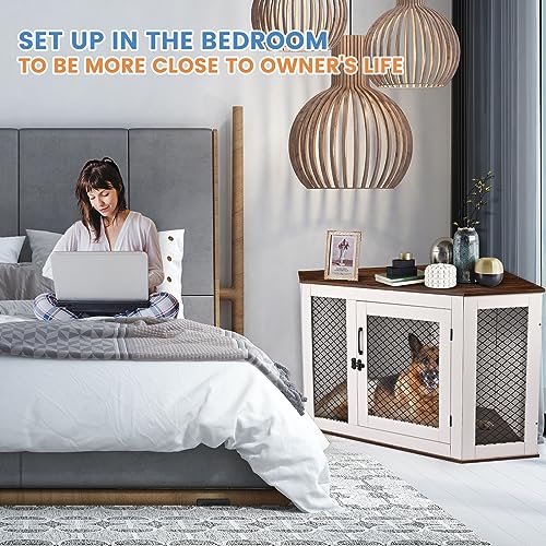 BOEASTER Corner Dog Crate Furniture, Wooden Dog Kennel End Table with Door Furniture Style Dog House Pet Crate Indoor Use for Small Medium Dogs