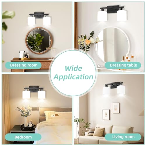 SILAMPDI Black Bathroom Lighting Fixtures Over Mirror, Modern 2-Light Vanity Lights Fixtures, Rustproof Wall Sconces Light for Bedroom, Hallway, Milky White Glass Shades, E26 Base, Bulbs Not Included