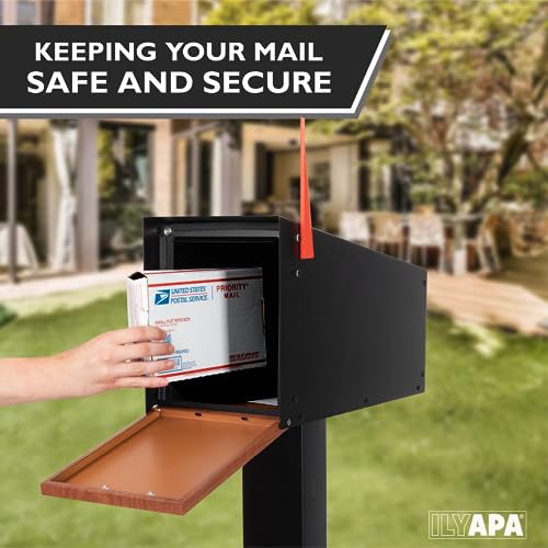 Ilyapa Modern Mailbox with Angle Design Post Mount - Metal Mailboxes for Outside - Black Exterior Heavy Duty Mail Box - Powder Coated Steel - All Weather Resistant