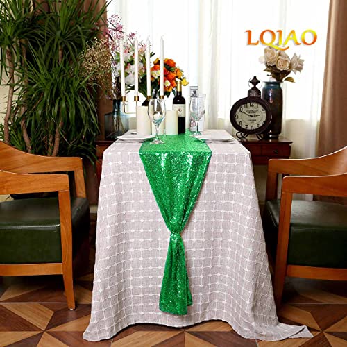 LQIAO Sequin Table Runner Green Blue-12x72in-Black Green Shiny Sequin Linen