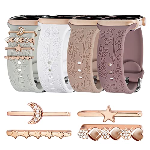 YOPICKERN 4 Pack Floral Engraved Bands with Charms Compatible with Apple Watch Band 40mm 41mm 38mm, Soft Women Sport Silicone Strap Replacement Wristbands for iWatch Bands Series 9 SE 8 7 6 5 4 3 2 1