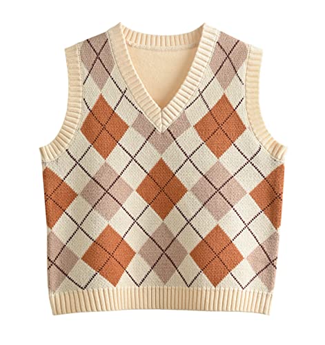 Hyipels Women's Sweater Vest,Y2K Sleeveless Pattern Preppy Style Knitted Crop Tank Top for Girl Navy-Blue-Grey