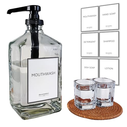 eBun 37oz Glass Mouthwash Dispenser for Bathroom, Mouthwash Dispenser Pump, Mouth Wash Container with Reusable Cup, Mouth Wash Bottle, Countertop Kitchen Sink Dish Liquid Soap Holder Set (Black)