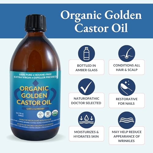 QUEEN OF THE THRONES Organic Golden Castor Oil - 500mL (16.9oz) | 100% Pure & Expeller-Pressed for Hair, Skin & Digestion | Hexane Free | USDA Certified