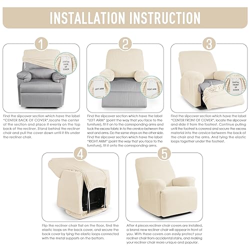 TAOCOCO Recliner Cover 4-Pieces, Recliner Stretch Sofa Slipcover Recliner Cover 1 Seat Couch Protector Soft Furniture Protector Covers with Elastic Chair Covers Jacquard Pattern Pale Brown