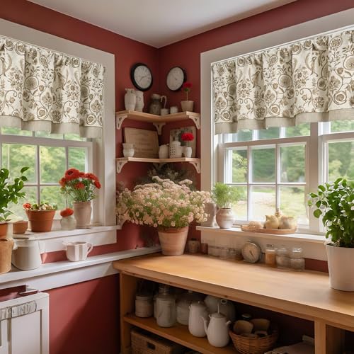 jinchan Linen Valance Double Layer Kitchen Window Curtain Yellow Leaf on Beige Valance for Living Room Cafe Farmhouse Room Darkening Rustic French Country Curtain 18 Inch Rod Pocket 1 Panel