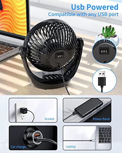 Aluan Desk Fan Small Table Fan with Strong Airflow Quiet Operation Portable Fan Speed Adjustable Head 360°Rotatable Mini Personal Fan for Home Office Bedroom Table and Desktop 5.1 Inch