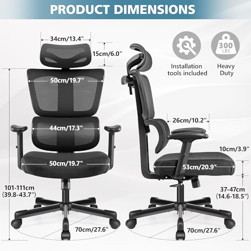 Primy Office Chair Ergonomic Desk Chair, High Back Computer Gaming Chair, Comfy Big and Tall Home Office Chair with Lumbar Support, Breathable Mesh Reclining Chair Adjustable Armrests Headrest (Black)