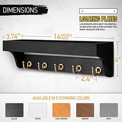 Rebee Vision Key Holder for Wall with Shelf : Decorative Key Organizer with 5 Rustic Keys Hooks and Primitive Wood Mail Organizer Wall Mount - Entryway Décor (Black)