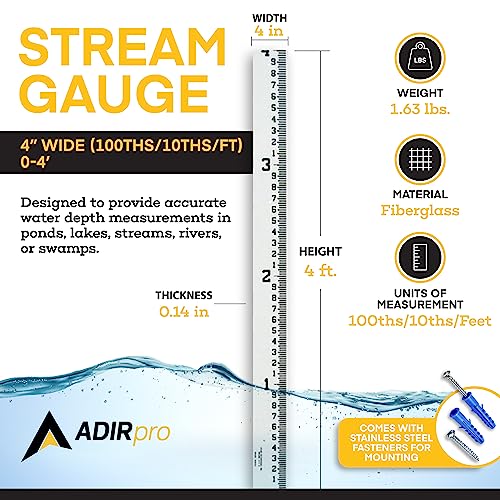 AdirPro 4" Wide Stream Gauge - Heavy Duty Staff Gauge - All Weather Gauge - Water Depth Gauge - Flow Meters (100ths/10ths/feet) (0-4')