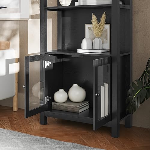 Flash Furniture Stella Modern Farmhouse Wooden Bookcase and Storage Cabinet with Tempered Glass Doors and 3 Upper Shelves, Set of 1, Black