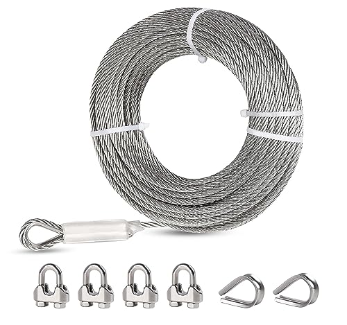 hannger 5/16 Stainless Steel Cable 25ft, 7x19 Strand Wire Rope Cable, 9000 lbs Break Strength, Steel Cables with Loops, Wire Rope Clamps, Thimble for Boat Lifts, Zip line, Deck Railing