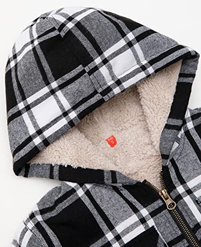 ZENTHACE Girls Sherpa Fleece Fall Winter Flannel Jacket Kids Buffalo Plaid Flannel Shirt Hoodie Zip Up Sweatshirt Black White S Size 5-6