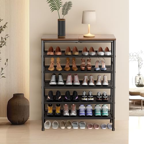 Mavivegue 4-Tier Metal Shoe Rack, Shoe Storage Organizer with Non-Woven Fabrics Shelves and Wooden Top Board, Entryway Shoe Stand for Closet Bedroom Living Room Garage, Black & Rustic Brown