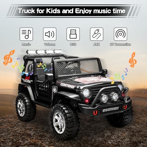 SEHOMY Kids Ride On Truck with Remote, 12V Battery Powered Electric Car for Kids - Two Seater with one Belt, Spring Suspension, LED Lights, Safety Belt, Music, 4 Wheels Kids Electric Vehicles Black