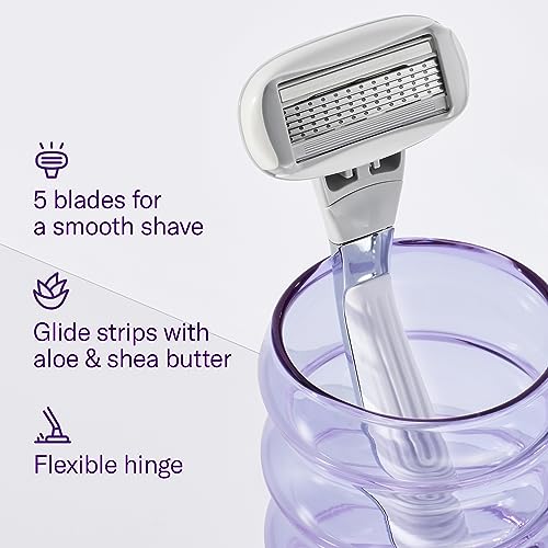 Flamingo 5-Blade Razors for Women - 1 Razor Handle + 4 5-Blade Refills + 1 Shower Holder - Chrome