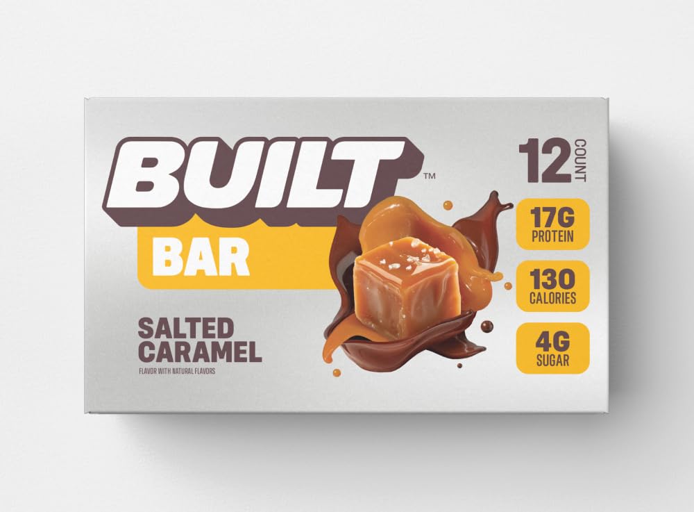 BUILT Bar, High Protein Bars, 17g High Protein Snacks, On-The-Go Bars with only 130 Calories & 4g Sugar, Salted Caramel, 12 Count