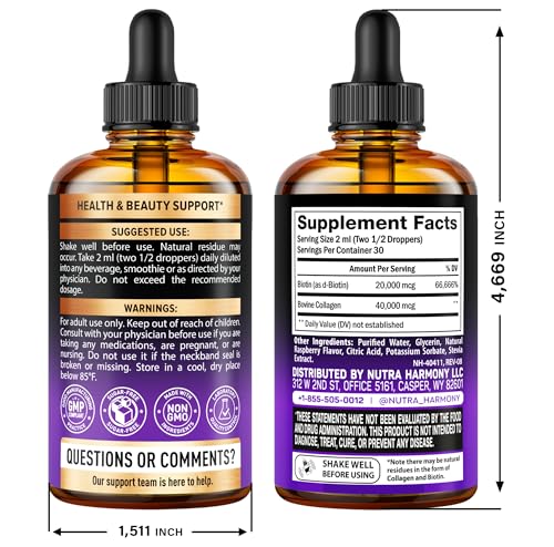 Liquid Biotin & Collagen 60,000 mcg - Vitamins for Hair Growth Support - Extra Strength Drops for Women & Men - Liquid Collagen Supplement - Strong Nails & Healthy Skin - Made in USA - 2 Fl Oz
