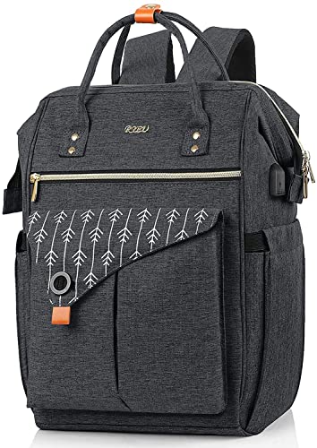 RJEU 17.3 Inch Travel Laptop Backpack for Women, College School Backpack with USB Port Charging, Water Resistant Casual Sturdy Computer Bag Gifts for Women Girls, Black