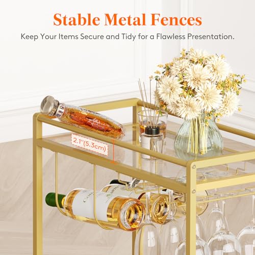 Lifewit Bar Cart, Home Serving Cart with 2 Tier Glass Shelves, Liquor Rolling Cart with Lockable Wheels, Glass Holder and Wine Rack, Beverage Cart for Kitchen Dining Living Room, Gold