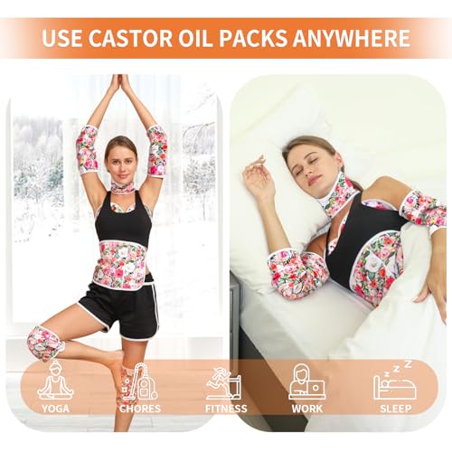 KANAV 8 Piece Castor Oil Pack Wrap Set, 100% Organic Cotton Lined Reusable Castor Oil Compress Packs for Liver Detox Insomnia Constipation and Inflammation, Organic Castor Oil Wrap for Womens Gifts