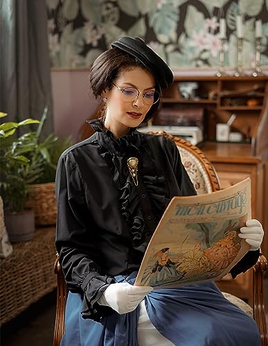 Kate Kasin Women Long Sleeve Blouse Victorian Gothic Lotus Ruffle Shirts Blouse Black M