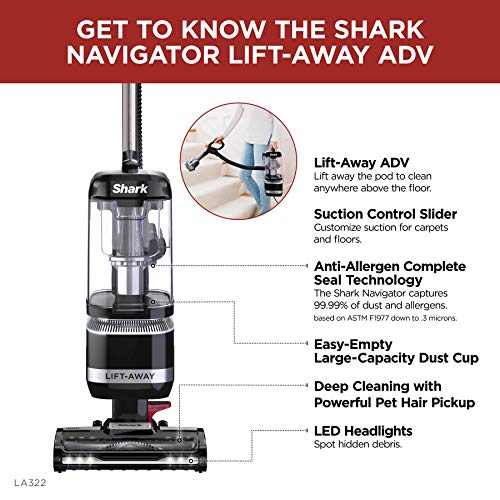 Shark LA322 Navigator ADV Vacuum with Self-Cleaning Brushroll Powerful Pet Hair Pickup and HEPA Filter, Lift-Away Upright, Black