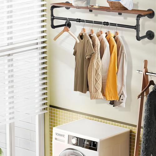 Yawinhe Industrial Pipe Clothing Rack with Shelves, Wall Mounted, Space Saving Closet Rod with 4 Bases, for Shops, Homes, 41.3''Lx10.2''Wx10.2''H, Rustic Brown, 1-Pack