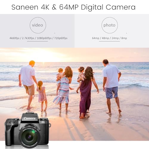 Saneen Digital Camera, 4k Cameras for Photography & Video, 64MP WiFi Touch Screen Vlogging Camera for YouTube with Flash, 32GB SD Card, Lens Hood, 3000mAH Battery, Front and Rear Cameras - Black