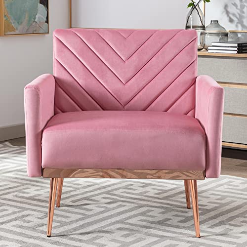 TTGIEET Modern Velvet Accent Chair Set of 2, Upholstered Tufted Armchair with Golden Metal Legs Single Sofa Reading Club Chair for Living Room Office (Pink)