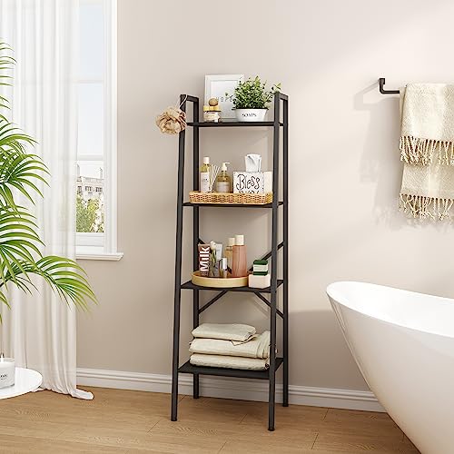 Hoctieon 4-Tier Industrial Ladder Bookshelf, Narrow Ladder Shelf, Tall Standing Bookshelf, Skinny Open Ladder Shelf, for Living Room, Home Office, Kitchen, Bedroom, Metal Frame, Black